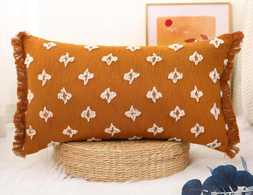 6345 Boho Long Lumbar Pillow Cover 12x24 with Tassel,3D Flower Patterned
